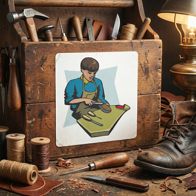Schuhreparatur Schuster Vintager Schuhmacher Quadratischer Aufkleber (Von Creator hochgeladen)