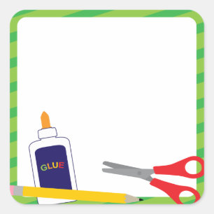 Schulaufkleber mit Crayons und Klebstoff Quadratischer Aufkleber