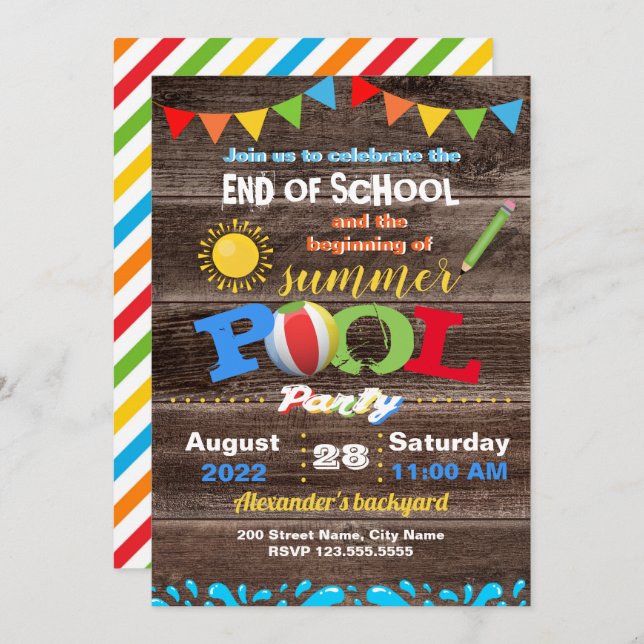Schulbeginn des Summer Pool Party Einladung (Vorne/Hinten)