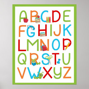 Schulbuchwurm Alphabet A bis Z auf hellgrün Poster