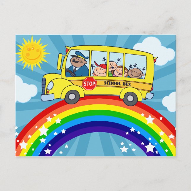 Schulbus mit Rainbow Postkarte (Vorderseite)