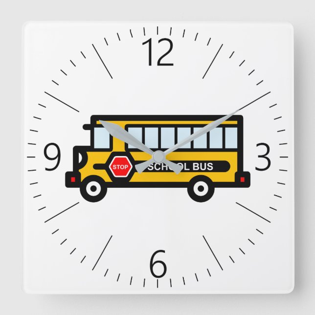Schulbus Quadratische Wanduhr (Vorderseite)