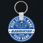 Schule Badminton Player Personalisiert Sports Schlüsselanhänger<br><div class="desc">Personalisierte Sportgeschenke und Merchandise für das Schulsportteam. Alle Texte sind editierbar für Ihren Anlass. Die Hintergrundfarbe kann mithilfe des Designtools bearbeitet werden. Perfektes Souvenir für Schultrainer und schließend Senioren,  die auch große Sportler sind.</div>