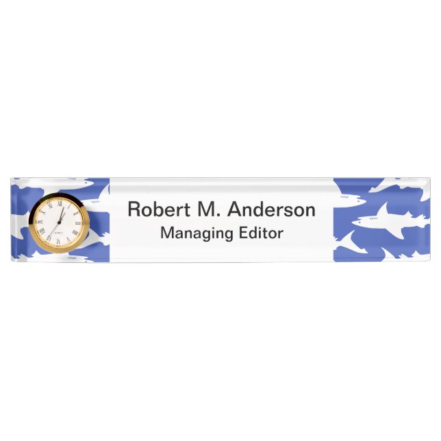 Schule der Haifische lustiges Blaues und weiß Namensplakette (Vorderseite)