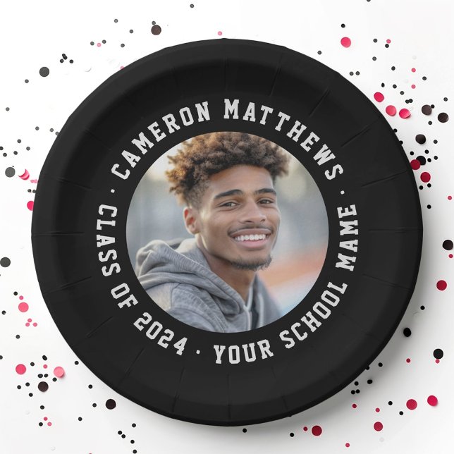 Schüler-Abschlussfoto modern schwarz Pappteller (Student graduation photo modern black paper plates)