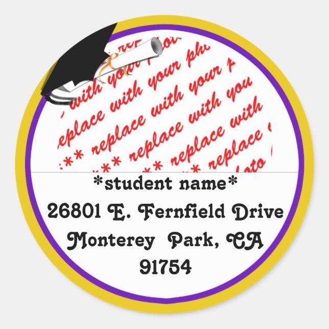 Schulfarben Lila- und Gold-Abschluss-Rahmen Runder Aufkleber (Vorderseite)