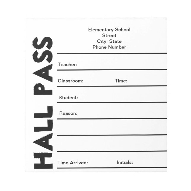 SchulHall Pass Notepad Notizblock (Vorderseite)