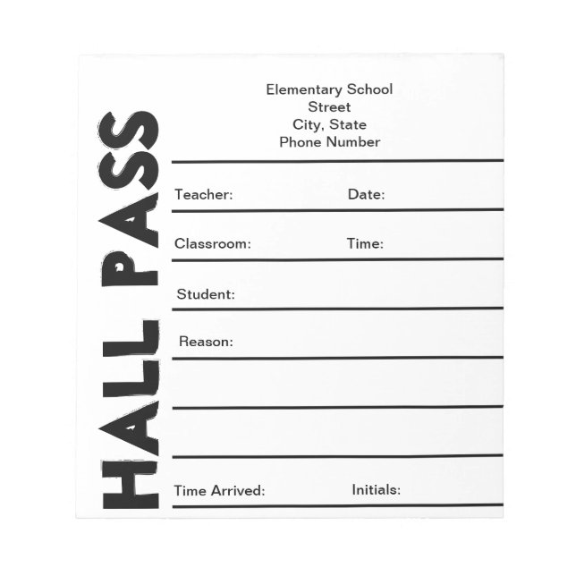 SchulHall Pass Notepad Notizblock (Vorderseite)