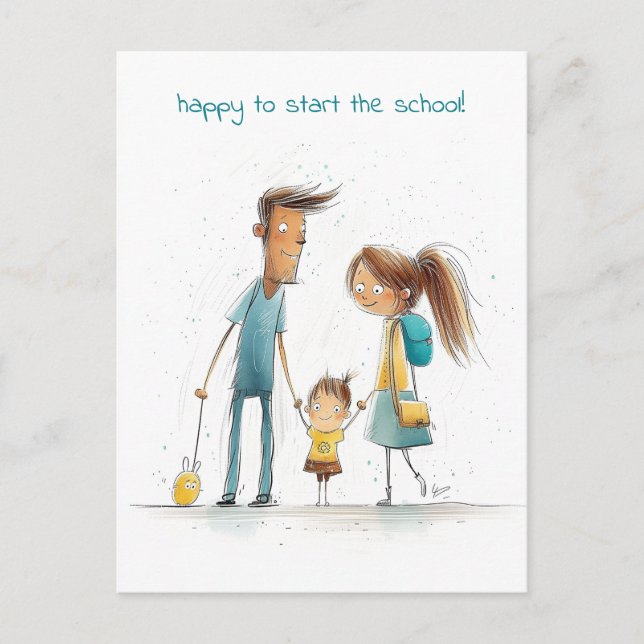 Schulmädchen mit Mutter und Vater Postkarte (Vorderseite)