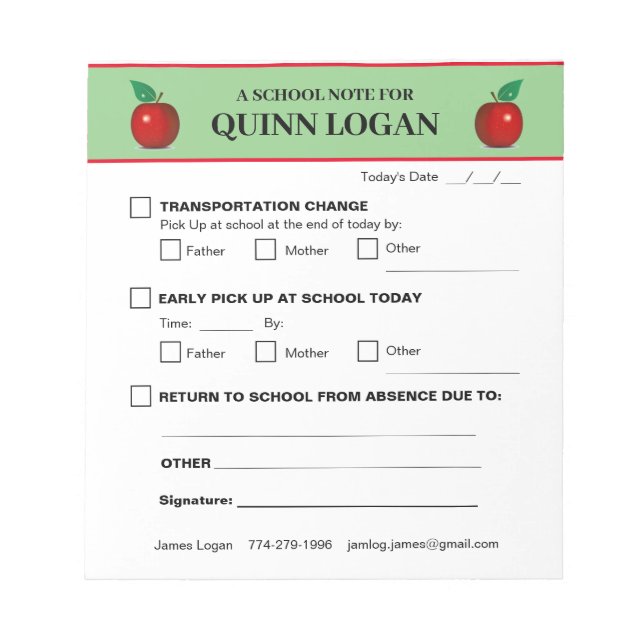 Schulnote Pad für Quinn Logan Notizblock (Vorderseite)