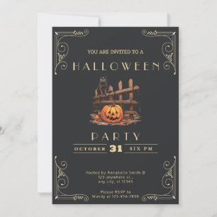 Schultafel Schwarz & Gold Schwarze Katze Halloween Einladung