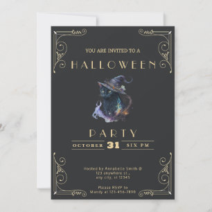 Schultafel Schwarz & Gold Schwarze Katze Halloween Einladung