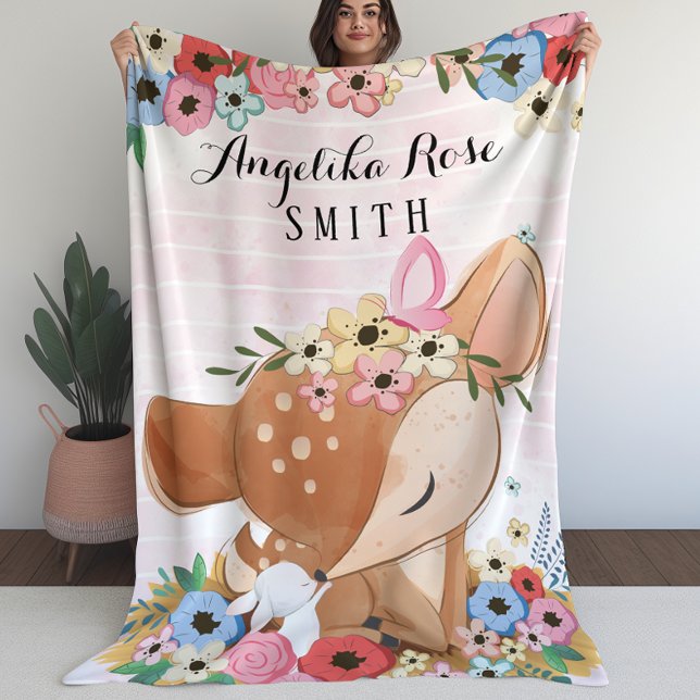 Schuppen für Mädchen mit Blume von Fawn Deer Fleecedecke (Blanket for Girls with Fawn Deer Flowers Stripes (L))