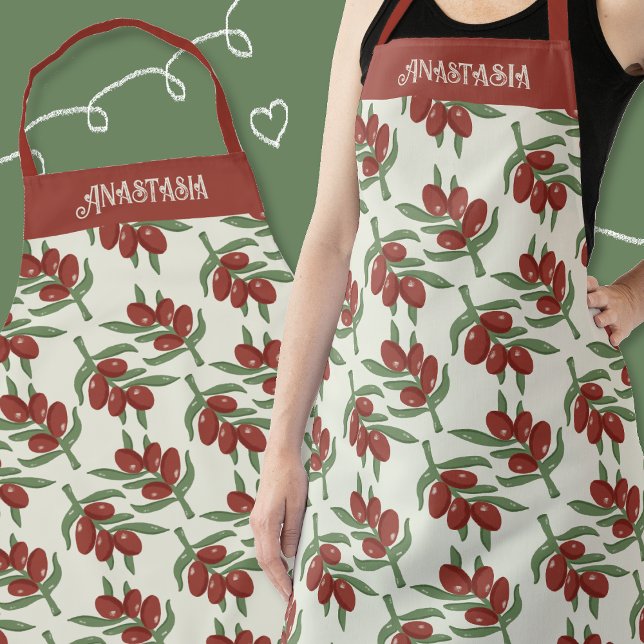 Schürze des roten Lebensraummusters mit Namen (Red olives pattern apron with name .)