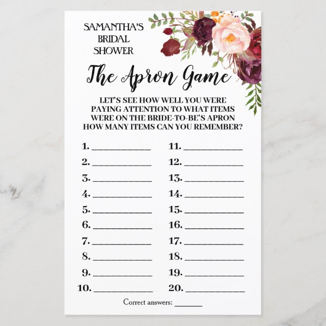 Schürze Marsala Blume Brautparty Game (Vorderseite)