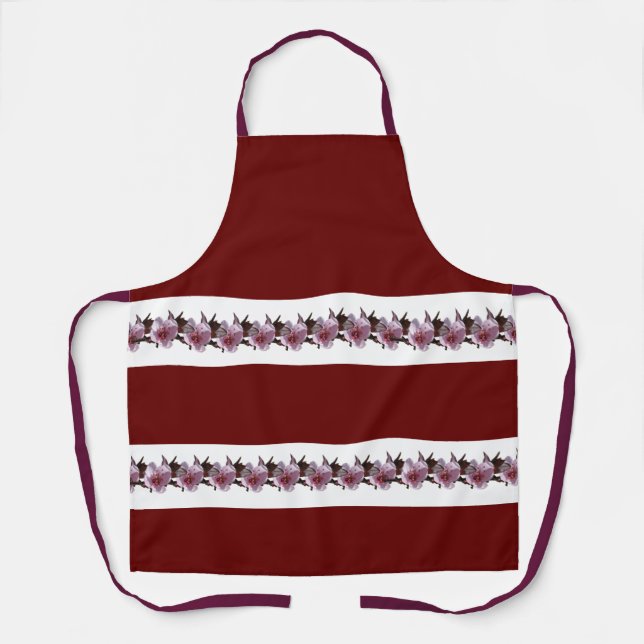 Schürze - Pflaumenblüten auf weißen Streifen (Vorderseite)