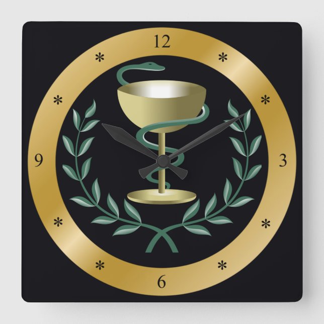 Schüssel Hygieia~Pharmacy~Apothecary~Dispenssry ~ Quadratische Wanduhr (Vorderseite)