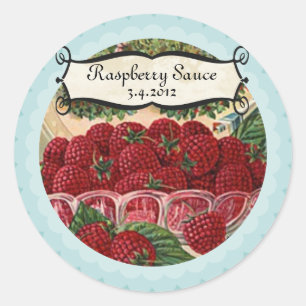 Schüssel mit dem Konservenetikett für Himbeeren Runder Aufkleber