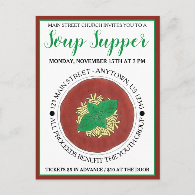 Schüssel mit heißem Tomaten Basilikum Kekssuppe Ob Einladungspostkarte (Vorderseite)