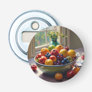 Schüssel mit Obst auf Tisch klassische Ölmalerei Flaschenöffner