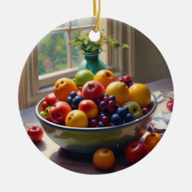 Schüssel mit Obst auf Tisch klassische Ölmalerei Keramik Ornament (Vorne)