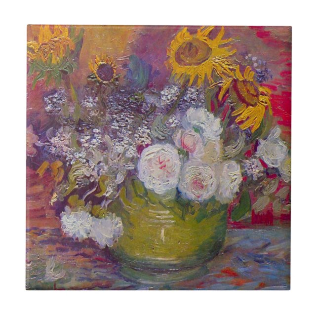 Schüssel mit Sonnenblumen und Rose von Vincent van Fliese (Vorderseite)