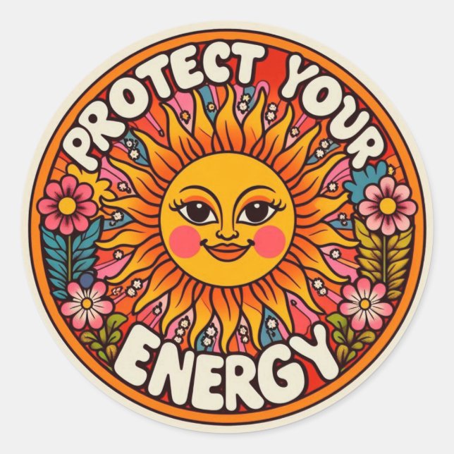 Schütze deine Energie Aufkleber - Retro 70er Sonne (Vorderseite)