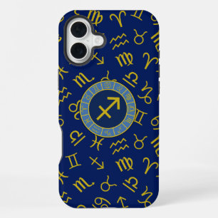 Schütze Zodiac+Astrologie-Symbole Ptn Gld+Blau iPhone 16 Plus Hülle