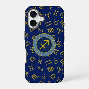Schütze Zodiac+Astrologie-Symbole Ptn Gld+Blues iPhone 16 Hülle