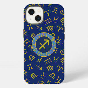 Schütze Zodiac+Astrologie-Symbole Ptn Gld+Blues iPhone 13 Hülle