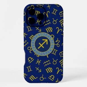 Schütze Zodiac+Astrologie-Symbole Ptn Gld+Blues iPhone 16 Pro Max Hülle