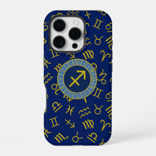 Schütze Zodiac+Astrologie-Symbole Ptn Gld+Blues iPhone 16 Pro Hülle