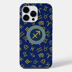 Schütze Zodiac+Astrologie-Symbole Ptn Gld+Blues iPhone 14 Pro Max Hülle