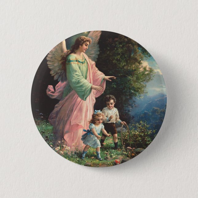 Schutzengel, der Kinder in der Nähe einer Brücke s Button (Vorderseite)