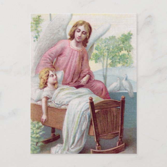 Schutzengel, Mädchen und Wiege Postkarte (Vorderseite)