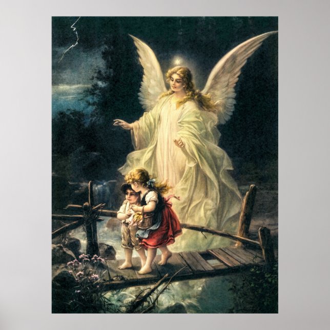 Schutzengel und zwei Kinder auf Brücke Poster (Vorne)