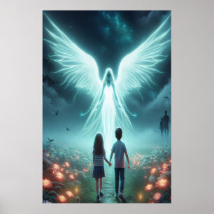 Schutzengel + Zwei Kinder, die einen dunklen Weg g Poster