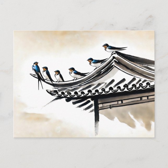 Schwalben auf dem Dach eines chinesischen Tempels Postkarte (Vorderseite)