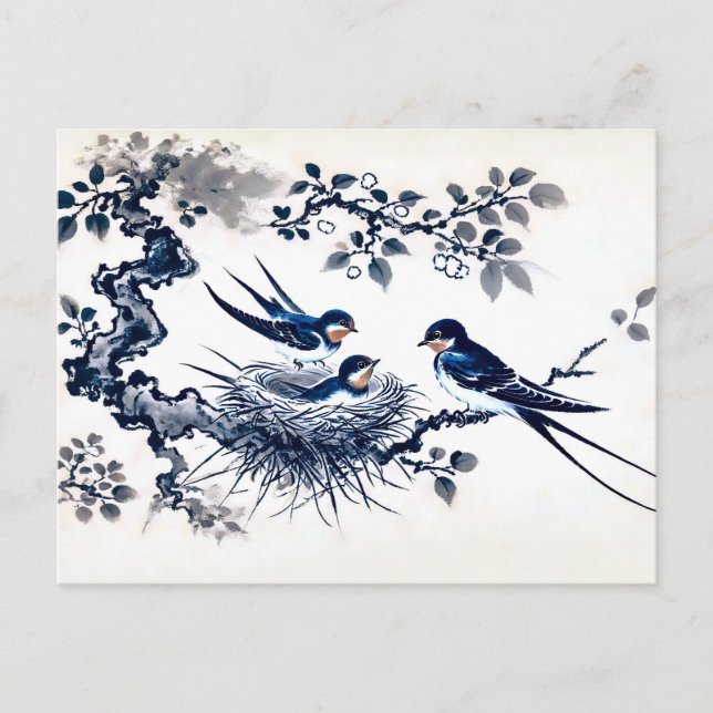 Schwalben, die jung in Nest Gefüttert haben, in ch Postkarte (Vorderseite)