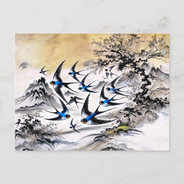 Schwalben durch den Himmel in chinesischer Tinte P Postkarte (Vorderseite)
