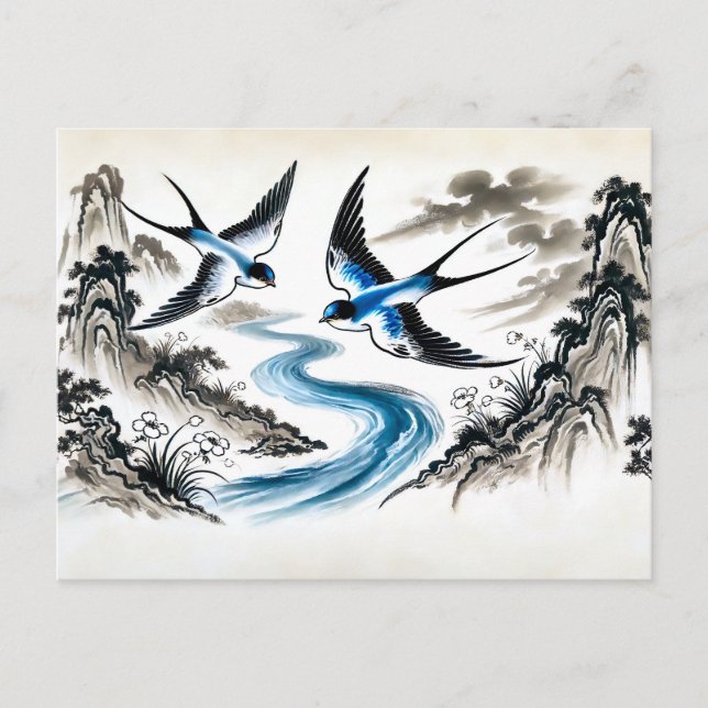 Schwalben durch den Himmel in chinesischer Tinte Postkarte (Vorderseite)