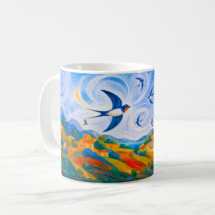 Schwalben fliegen über eine fließende Sommerlandsc Kaffeetasse