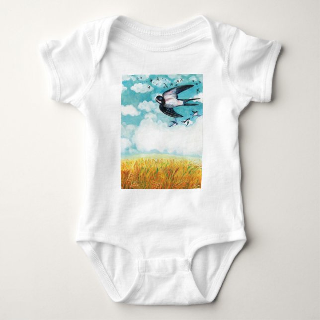 Schwalben über einem Weizenfeld Illustration Baby Strampler (Vorderseite)
