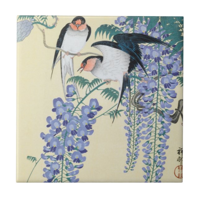 Schwalben und Wisteria von Ohara Koson Fliese (Vorderseite)