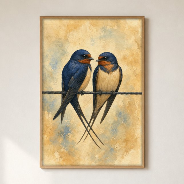 Schwalbenpaar auf einem Draht Aquarell Poster (Shown framed for scale. Poster ships unframed; frames are an optional add-on.)