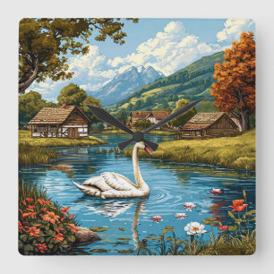 Schwan am See Quadratische Wanduhr
