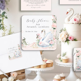 Schwan Elegant Blush Pink Ribbon Baby Dusche Quadratischer Aufkleber