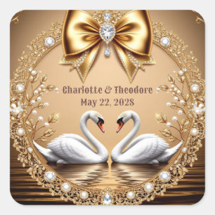 💎 Schwan-Hochzeit Gold Romantisches Thema 🦢 Quadratischer Aufkleber