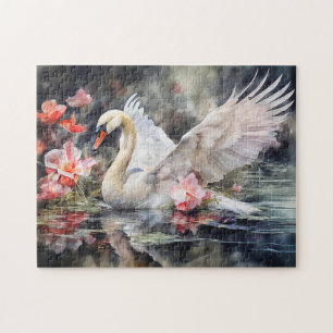 Schwan im Lotus-Teich mit sanften Farben Puzzle
