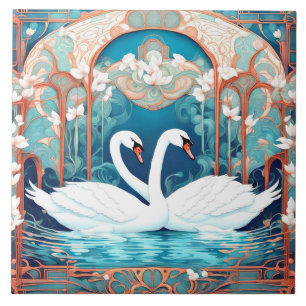 Schwan-Paar Art Nouveau Vogel Türkis Aqua Blau Fliese